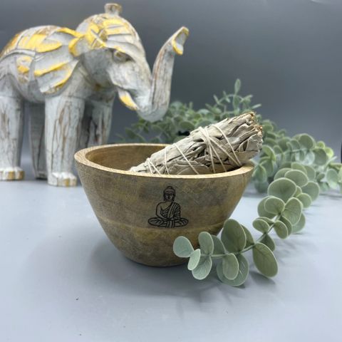 Wooden Smudge and Ritual Offerings Bowl – Buddha Design (11x7cm)