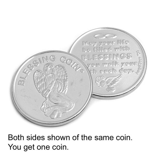 This Blessing Angel coin, whether given or received, conveys its angel blessing on you.  The front of the coin shows a kneeling angel with the inscription Blessing Coin.  On the back is a dove and the message "May your life be filled with Blessings as you walk your path each day".
