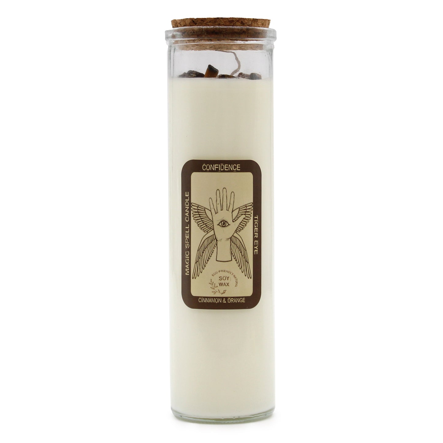 Awaken your inner power with the Magic Spell Candle - Confidence. This enchanting candle fuels self-belief and courage, helping you stand tall with fearless determination. Nestled inside is a genuine Tiger Eye stone, a talisman of bravery and protection that strengthens your spirit. The rich, spicy aroma of cinnamon fills your space, sparking boldness and resilience. Crafted from clean-burning soy wax, it offers a steady, lasting fragrance while being kind to the earth. Once the magic fades, repurpose the g