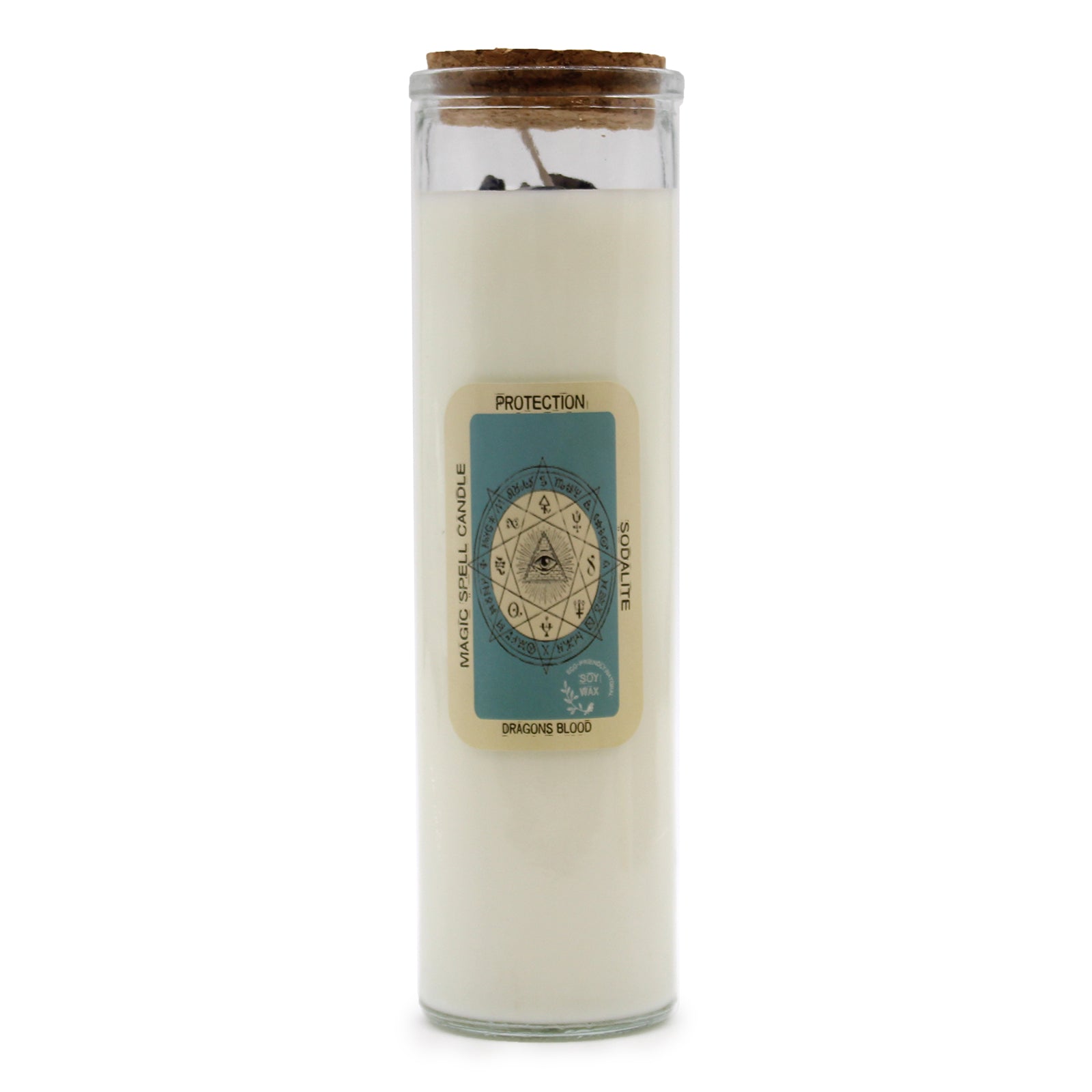 Harness the power of the Magic Spell Candle - Protection to form a divine shield that repels negativity and nurtures a serene, secure environment. This candle safeguards your energy and enhances spiritual harmony. Within its glow lies genuine Sodalite, the stone of peace and protection, sharpening intuition and clearing the mind. The enchanting Dragons Blood fragrance fills your space with grounding energy, banishing harmful influences. Crafted from soy wax, it burns cleanly and evenly, releasing its mystic