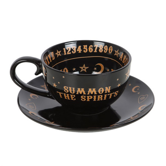 Step into a world of mystery with this ceramic teacup and saucer set, finished in premium black and gold. Featuring an intricate talking board design, it brings an enchanting touch to every teatime ritual. With a 500ml capacity, the teacup is perfect for enjoying your favourite brew and can also be used for tea leaf reading, an ancient practice believed to predict the future and provide personal insight. Both dishwasher and microwave safe, this mystical set is as practical as it is magical — an ideal gift f