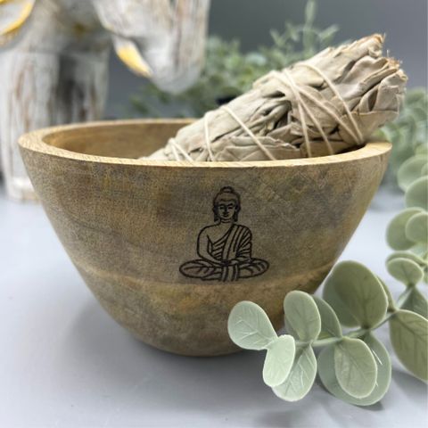 Handcrafted wooden ritual bowl with Buddha design. 11x7cm smudge and offering bowl for peace, meditation, and spiritual harmony.