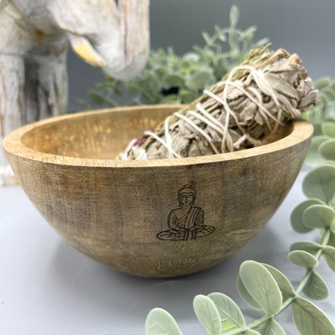 Wooden Smudge and Ritual Offerings Bowl – Buddha Design (13x7cm)