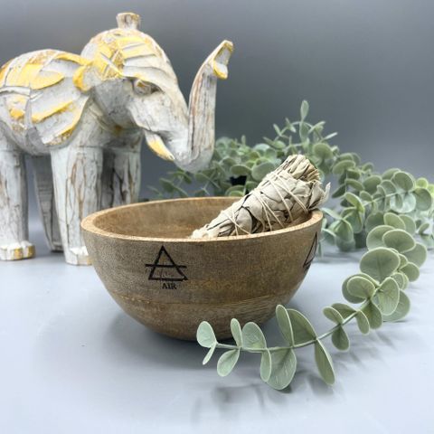 Handcrafted wooden ritual bowl engraved with the Four Elements. 13x7cm smudge and offering bowl for altar rituals, meditation, and elemental balance.