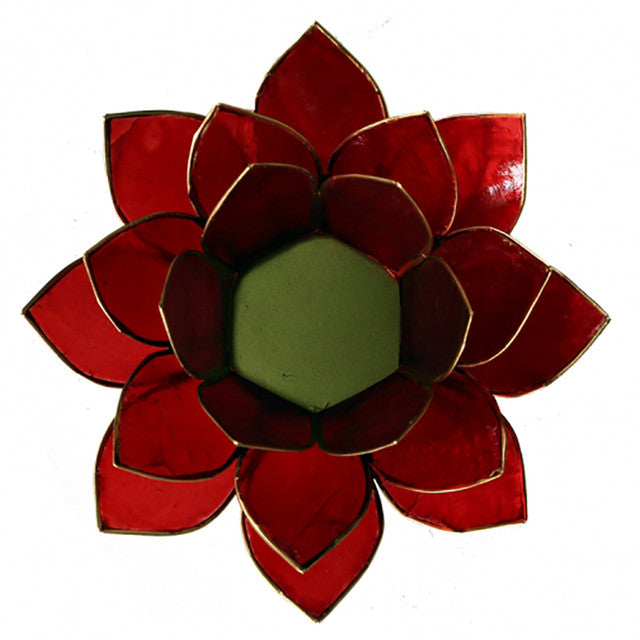 Ground your space with this Red Lotus Candle Holder, a radiant symbol of the root chakra and inner strength. Handcrafted from natural Capiz shell, its deep red petals edged in gold unfold like a sacred bloom, casting a warm, calming glow when lit. Perfect for meditation, altar work, and creating a peaceful atmosphere, this fair trade piece carries both beauty and intention. Designed to hold a tealight or small candle, it invites balance, stability, and a sense of rooted energy into your sacred space.