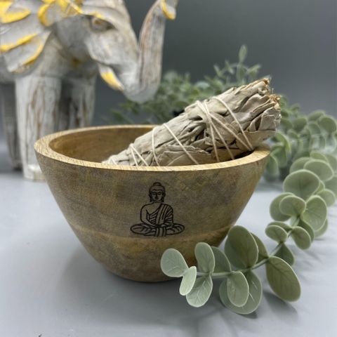 Wooden Smudge and Ritual Offerings Bowl – Buddha Design (11x7cm)