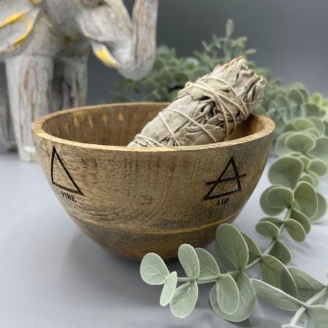 Handcrafted wooden ritual bowl with Four Elements design. 11x7cm smudge and offering bowl for altar, meditation, and elemental balance.