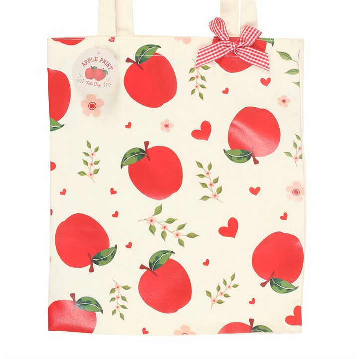 Tote bag with red apple pattern and a bow on a white background