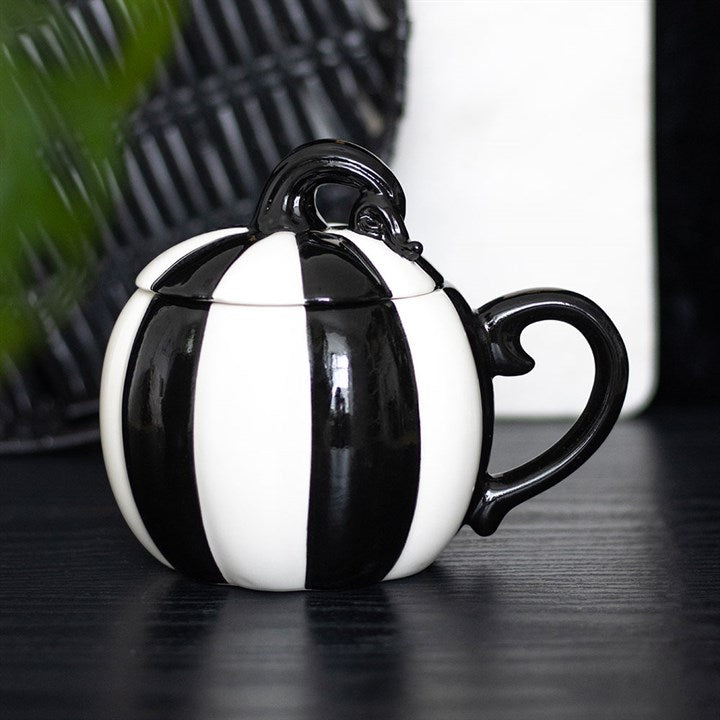 Black and White Striped Pumpkin Lidded Mug – Gothic Witchcraft Drinkware
