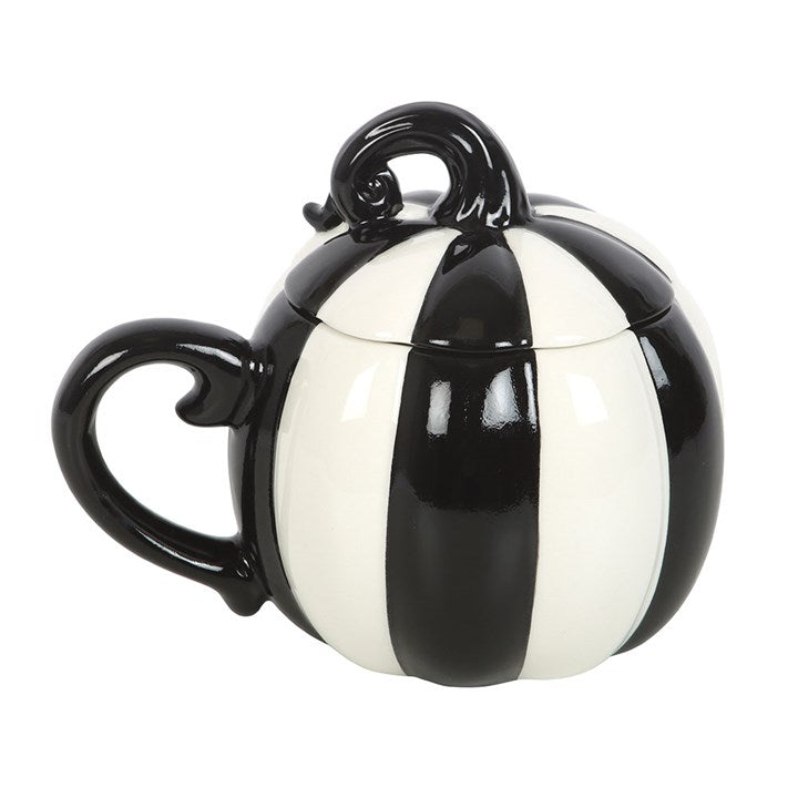 Black and White Striped Pumpkin Lidded Mug – Gothic Witchcraft Drinkware