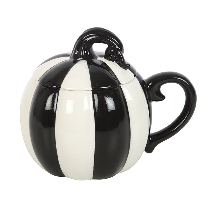 Black and White Striped Pumpkin Lidded Mug – Gothic Witchcraft Drinkware