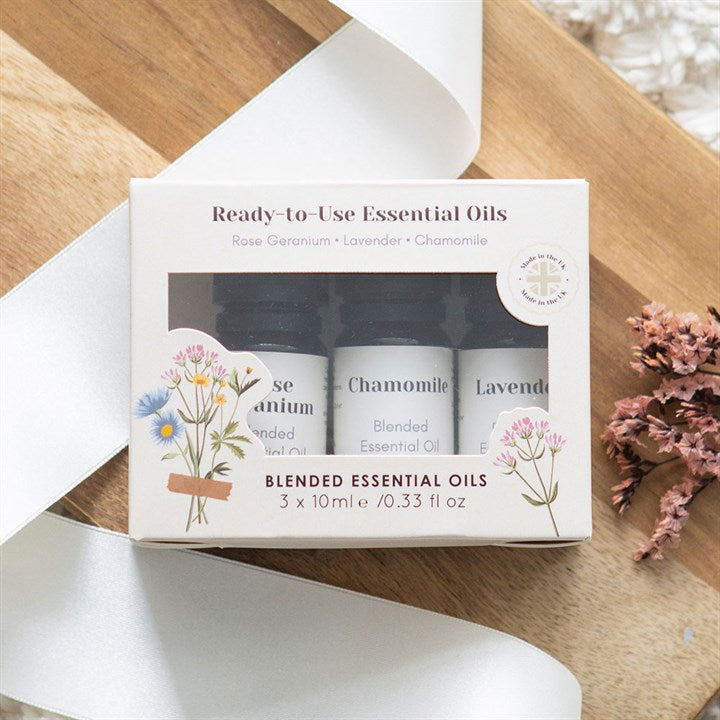 Create the perfect aromatic atmosphere or bathtime soak with this Set of 3 Floral Blended Essential Oils. Crafted with a natural blend of Rose Geranium, Lavender, and Chamomile, these essential oils are designed to help you relax and unwind after a long day.