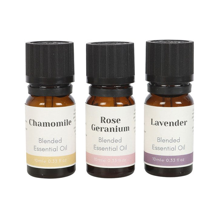 Create the perfect aromatic atmosphere or bathtime soak with this Set of 3 Floral Blended Essential Oils. Crafted with a natural blend of Rose Geranium, Lavender, and Chamomile, these essential oils are designed to help you relax and unwind after a long day.