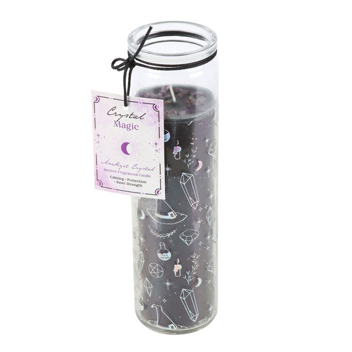 Drawing from the classic 7-day prayer candle tradition, this tube candle is scented with enchanting jasmine and embedded with amethyst chips to encourage tranquility, protection, and inner power. Crafted with vegan paraffin wax, it features a magical design adorned with crystals, witch hats, and potions—ideal for crystal lovers and those drawn to witchcraft. With an approximate burn time of 7 hours (recommended to burn no more than 4 hours at once), it’s a bewitching addition from the Crystal Witch 