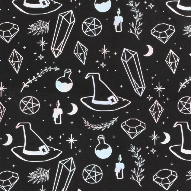 This trendy Polycotton tote bag is a fun and unique gift for any crystal collector or for anyone to stay in touch with their witchy side. Adorned with designs of crystals, witch hats and potions on a black Polycotton canvas. Includes ample space for sustainably carrying everyday essentials or for shopping.