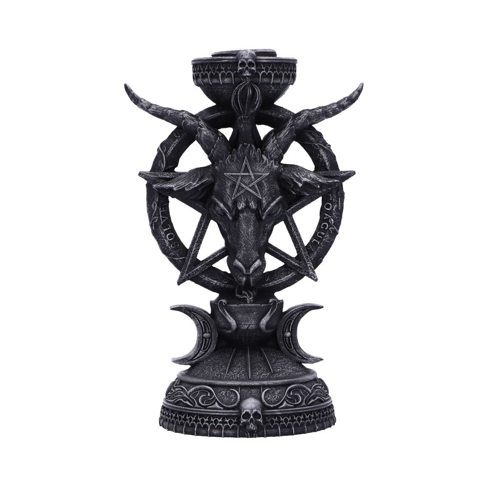 On top of a pentagram forms the head of a triple-horned Sabbatic Goat. Above his head sits a small bowl, which is the perfect fit for your favorite scented candlesticks. Whereas at the base of the holder, a variety of gothic symbols and imagery can be seen, adding to the satanic features of this beautiful piece.