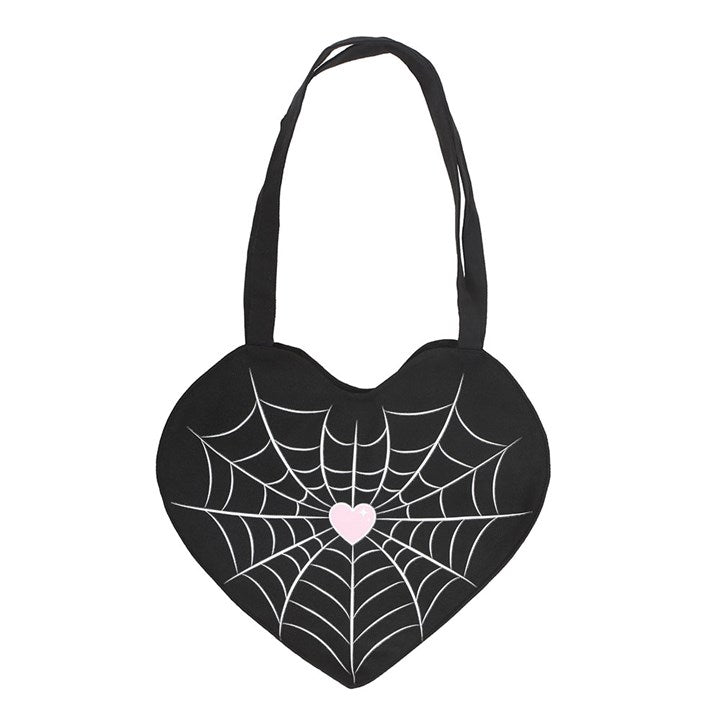Carry your essentials with gothic flair using this satin tote bag featuring a spiderweb heart design. Lightweight and stylish, it’s perfect for everyday use or as a unique gift.