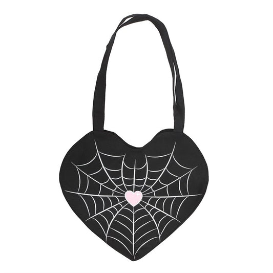 Carry your essentials with gothic flair using this satin tote bag featuring a spiderweb heart design. Lightweight and stylish, it’s perfect for everyday use or as a unique gift.