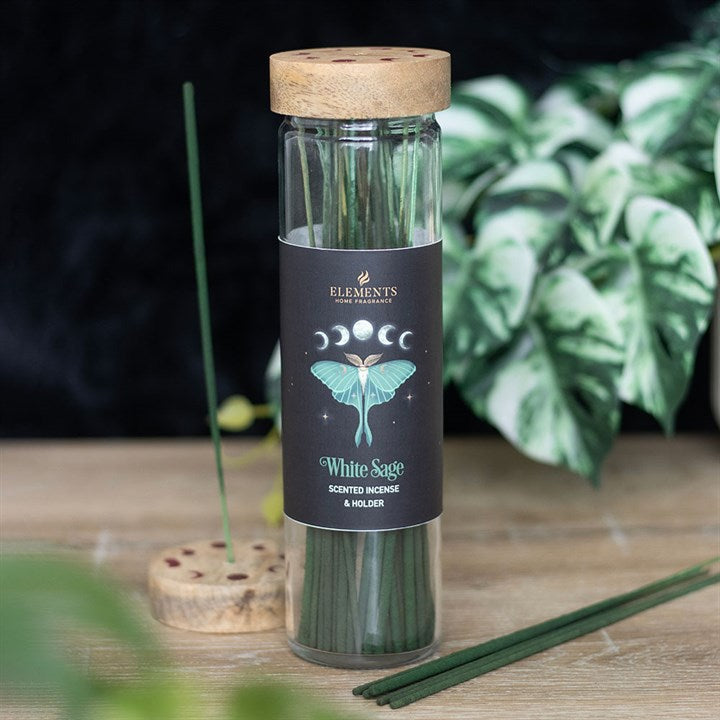 This collection offers 20 incense sticks adorned with enchanting luna moth and moon phase motifs. Each container comes with a wooden lid that serves as a convenient incense holder. Crafted with premium white sage incense, celebrated for its cleansing energy, these sticks release a calming, earthy scent ideal for relaxation and spiritual purification of your surroundings.