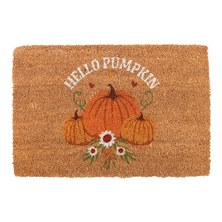 Embrace the enchanting spirit of autumn with this Natural Autumn Days Hello Pumpkin Doormat. Crafted from sturdy coir fibers, it welcomes guests with a warm "Hello Pumpkin" greeting framed by a mystical pumpkin design that captures the essence of the harvest season. Ideal for sheltered doorways or indoor use, this doormat invites cozy, magical vibes into your home while protecting your floors from the chill outside. Please note, the design may gently fade under extreme weather, preserving its charm for many