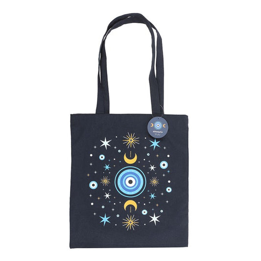 Carry good vibes wherever you go with this dark blue polycotton tote bag featuring a detailed all seeing eye design with crescent moon and star accents. Perfect for everyday errands, shopping trips, or as a thoughtful gift, it blends spiritual style with practical use.