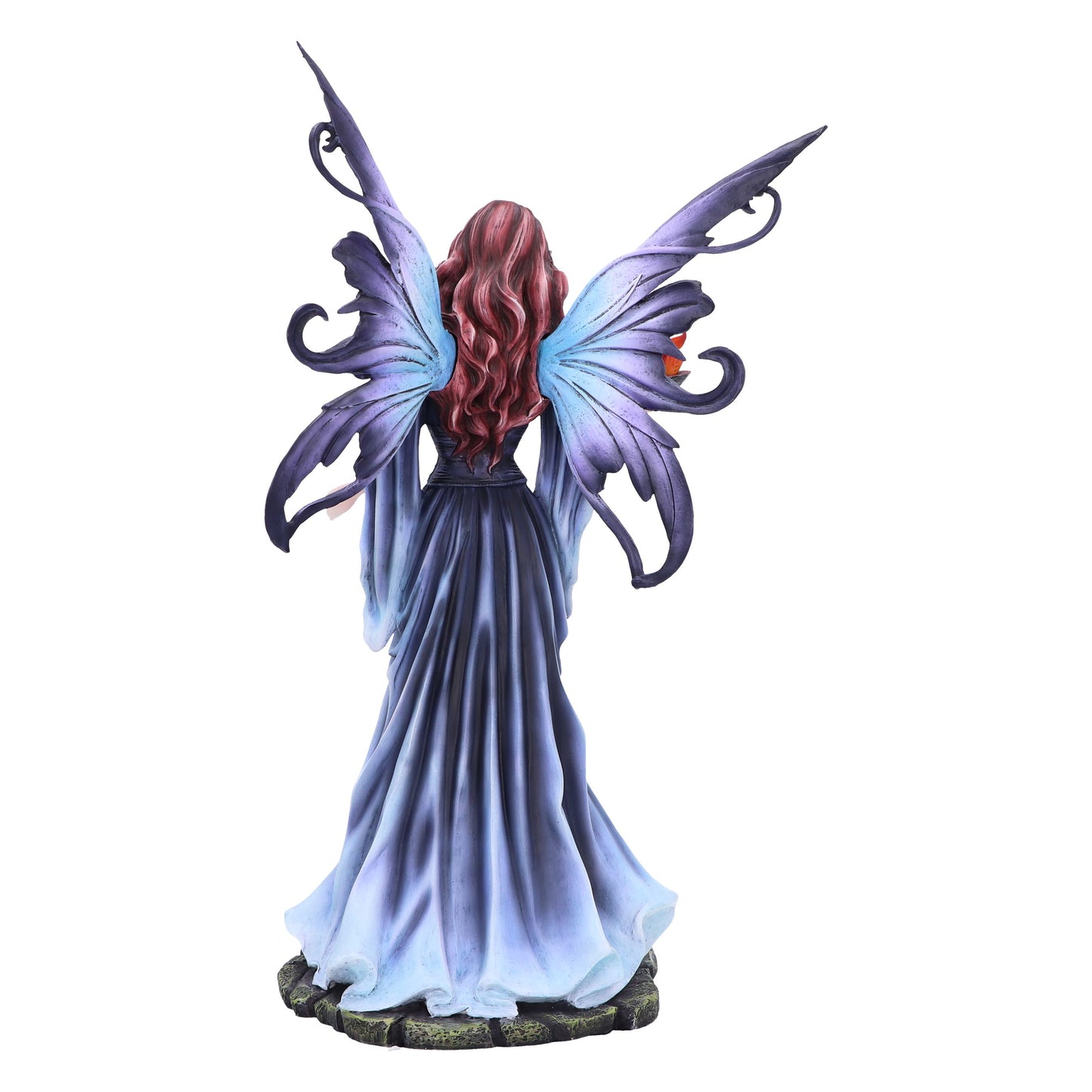 Statue of a fairy with purple wings and a flowing dress on a white background