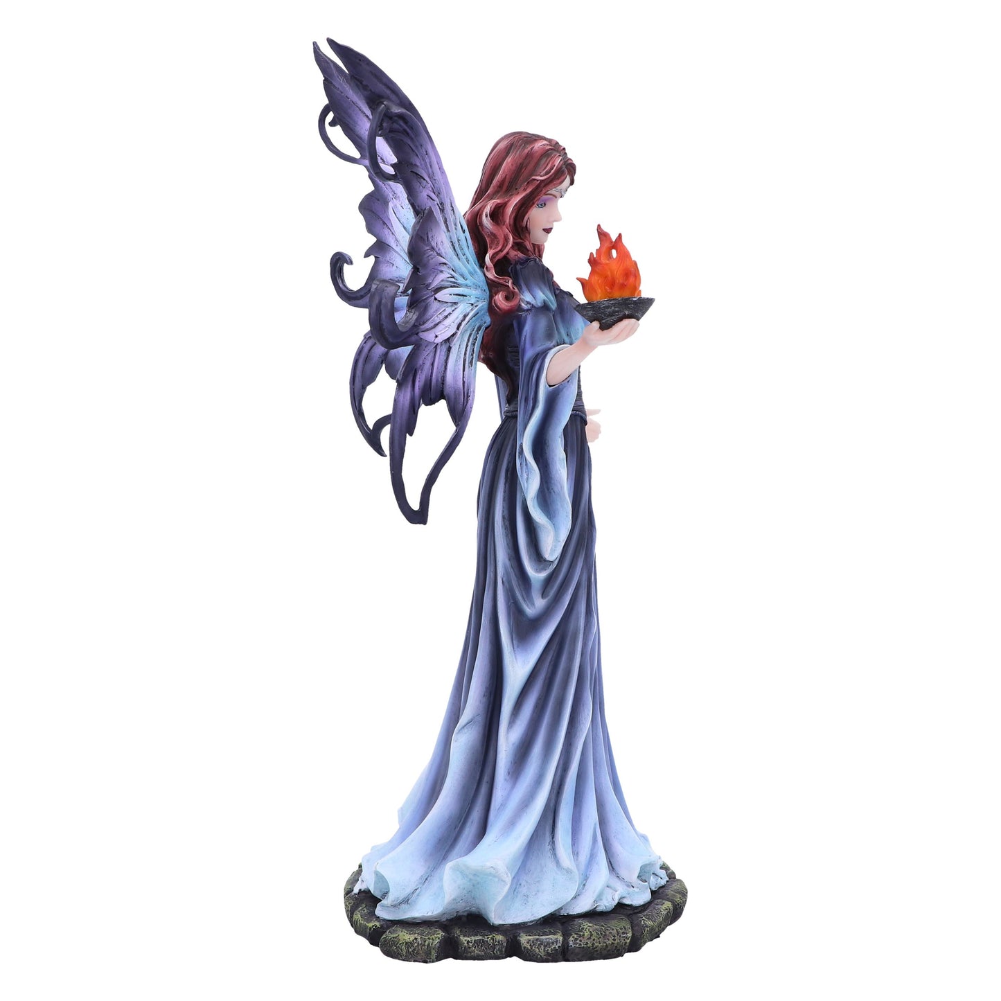 Statue of a fairy with purple wings and a blue dress holding a flame on a white background