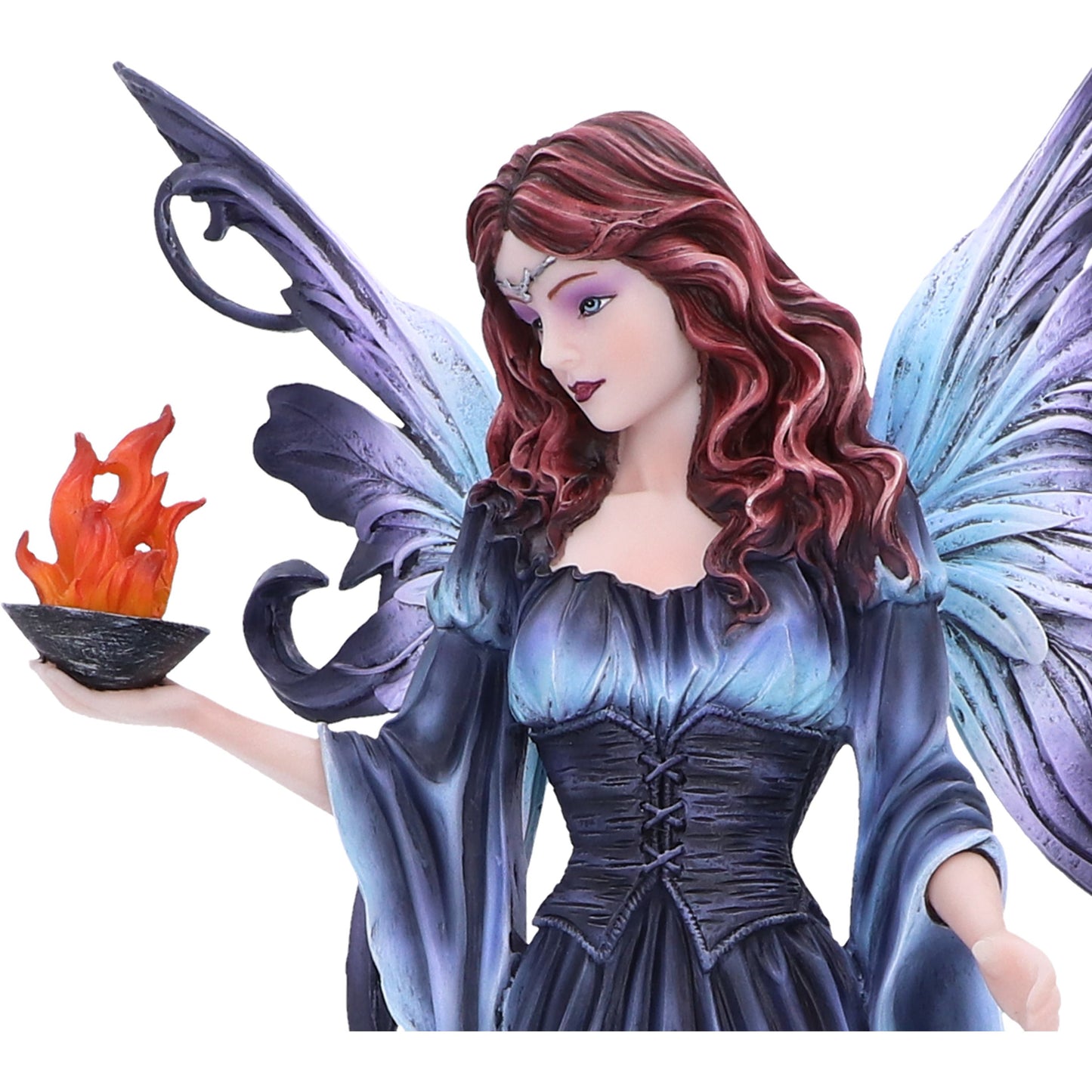 Fantasy figurine of a fairy with red hair and blue wings holding a bowl of fire.