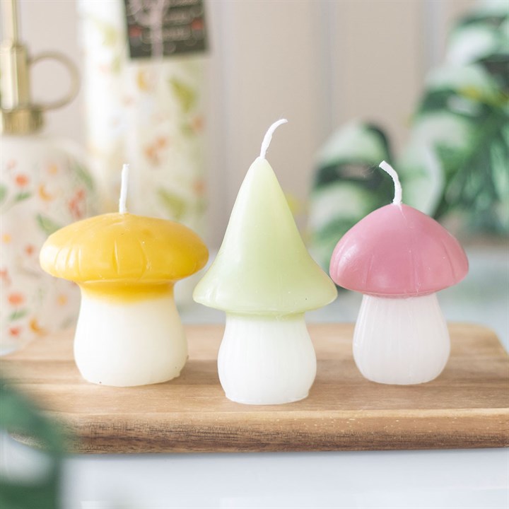Create an enchanting atmosphere with this trio of pastel mushroom candles. These charming, fairy-tale-inspired accents bring a touch of magic to shelves, tables, or windowsills. Crafted from unscented paraffin wax, they glow softly while adding whimsical charm. Beware of wax drips and always place them on a stable, heatproof surface like glass, metal, or ceramic. Keep away from flammable items and limit burning to one hour to maintain their mystical allure.