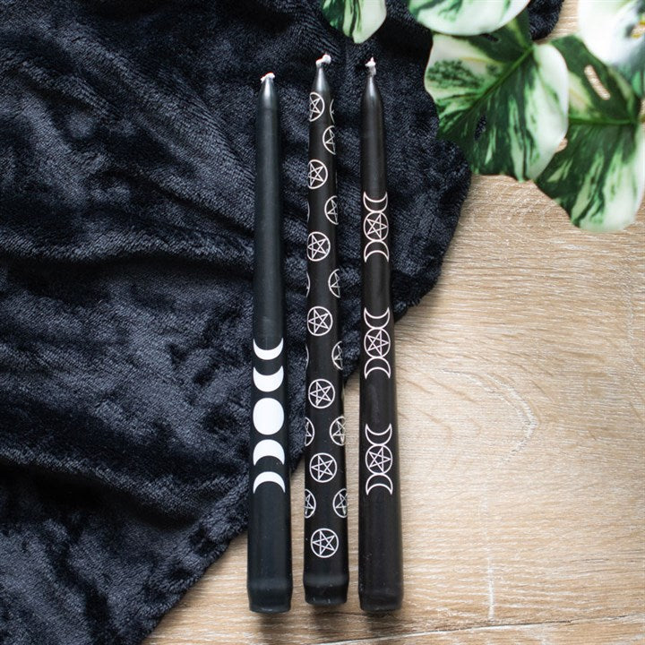Mystic Black Taper Candle Trio with Magical Symbols – Set of 3