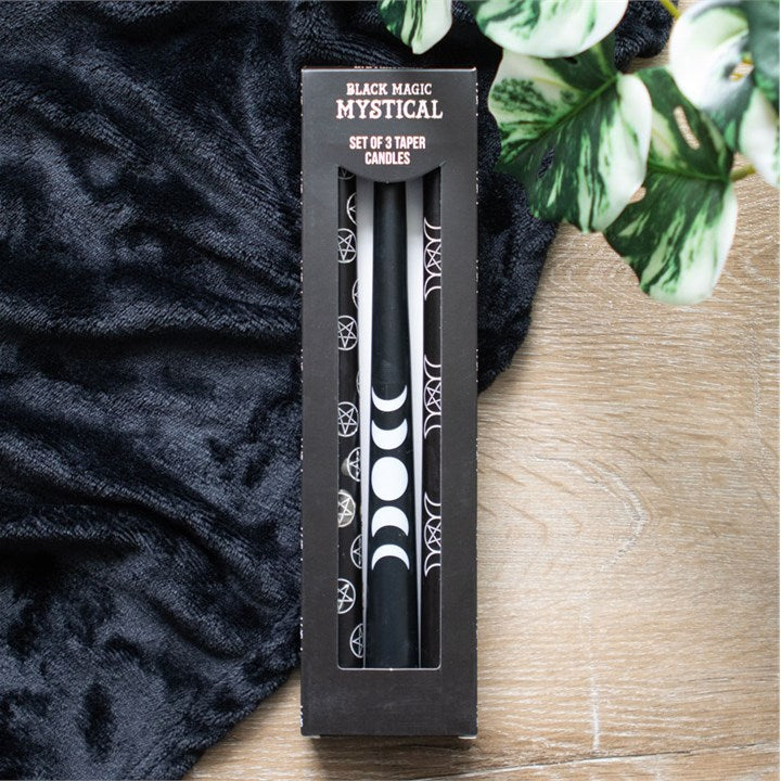Mystic Black Taper Candle Trio with Magical Symbols – Set of 3