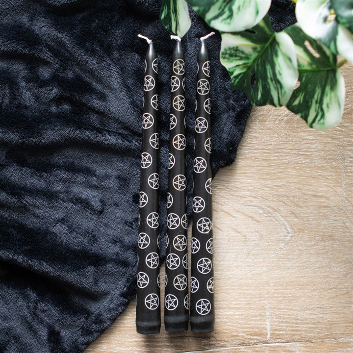 Black Taper Spell Candles with Pentagram Design – Set of 3