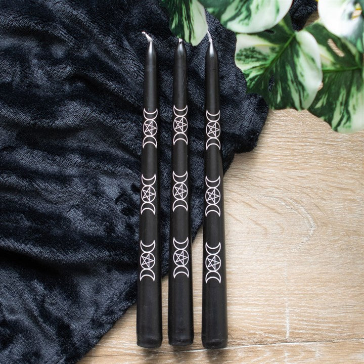 Triple Moon Black Taper Candle Set – Pack of 3 for Ritual & Décor