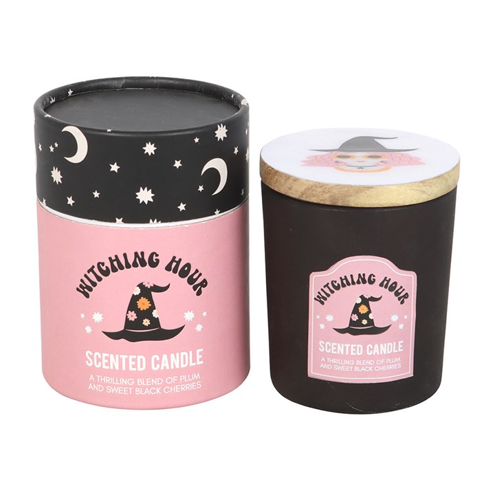Set the mood for magical evenings with this witching hour candle with scents of plum and black cherry. Perfect for adding a touch of mystery to cosy nights, this candle blends deep fruity notes for an enchanting aroma. Packaged in a glass holder and wooden lid with groovy witch designs, this candle comes with a matching cylinder box, perfect for gifting. Approx 28 hour burn time.