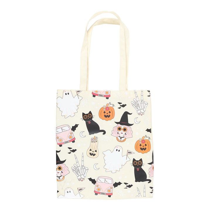 Tote bag with Halloween-themed design on a white background