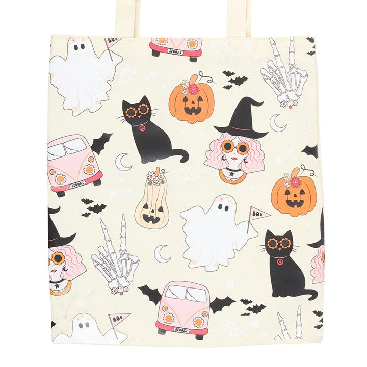 Tote bag with Halloween-themed design featuring cats, ghosts, pumpkins, and cars on a beige background.