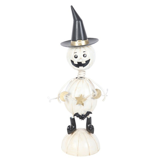 Add a ghostly glow to your Halloween displays with this The Witches Garden white metal pumpkin man ornament. With his tall witch’s hat, cheerful face, and playful wire arms, he brings a spirited twist to classic autumn décor. Perfect for mantelpieces, table centrepieces, or seasonal porch styling, this striking figure combines charm with a touch of spooky fun. Suitable for outdoor use, though best kept sheltered from harsh weather to protect his spectral shine. A must-have piece for Halloween enthusiasts wh