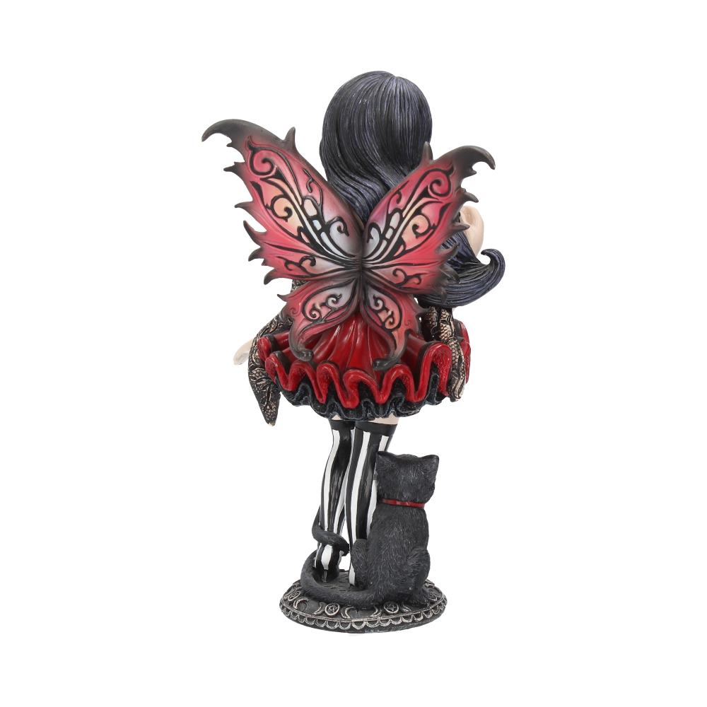 Decorative figurine of a fairy with red butterfly wings and a black cat on a white background