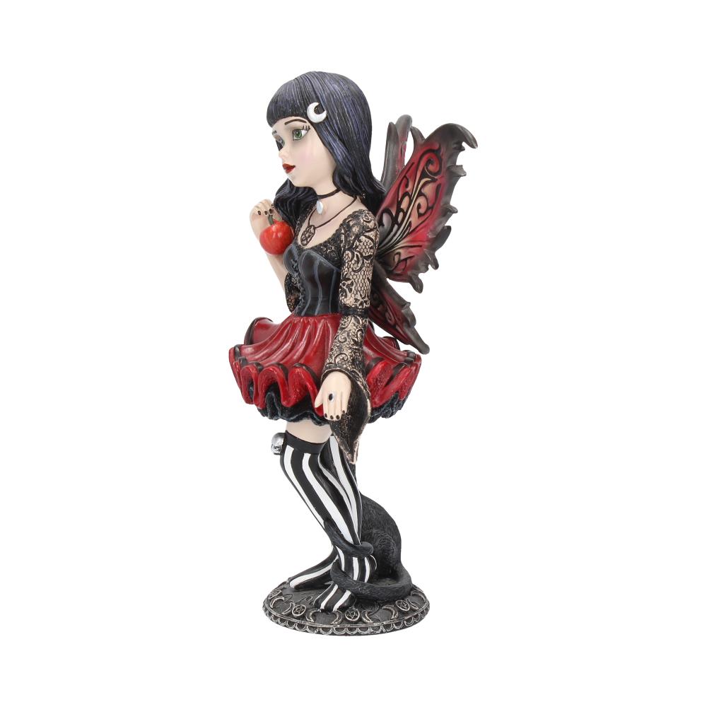 Gothic fairy figurine with red dress and black wings on a white background