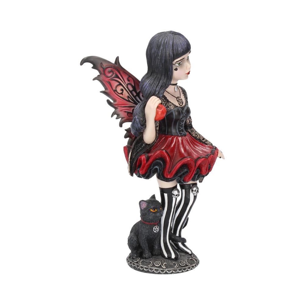 Gothic-style fairy figurine with red and black dress and butterfly wings on a white background