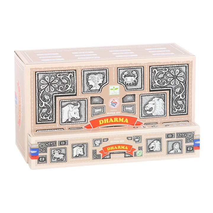 Immerse yourself in the enchanting aroma of Satya’s Superhit Dharma incense with this collection of 12 packs.