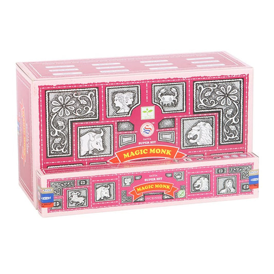 Stock up on the bestselling Satya brand with this box of incense sticks, featuring 12 packs of Superhit Magic Monk incense. Known for its earthy and spicy notes with hints of herbal musk, Magic Monk inspires calm and improves mental focus. Sold as a display of 12 packs. Vegan and cruelty-free.