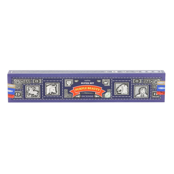 Box of Satya Purple Beauty Incense sticks on a white background