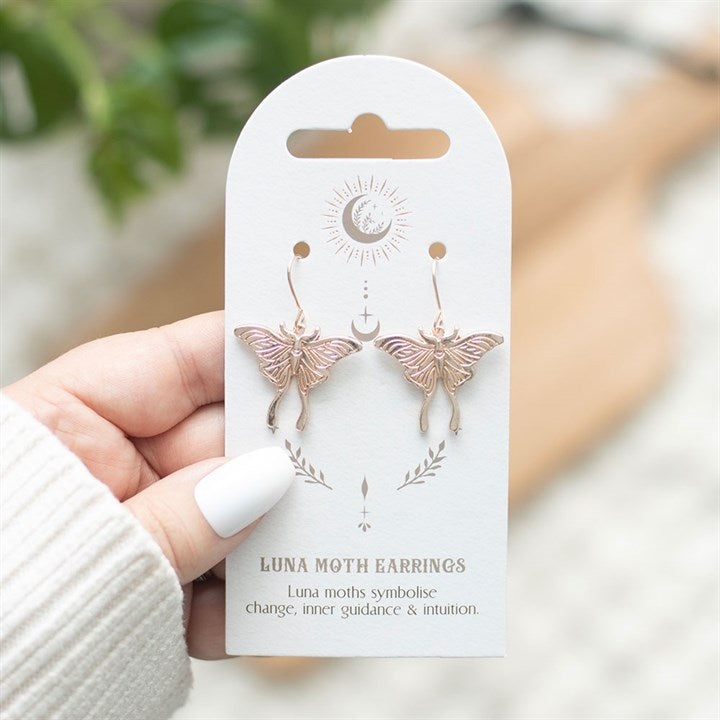 This ethereal pair of earrings features dangling nickel-free stainless steel luna moths, making it an elegant piece to add to any jewellery collection. The luna moth symbolises change, inner guidance and intuition, also representing timeless beauty.