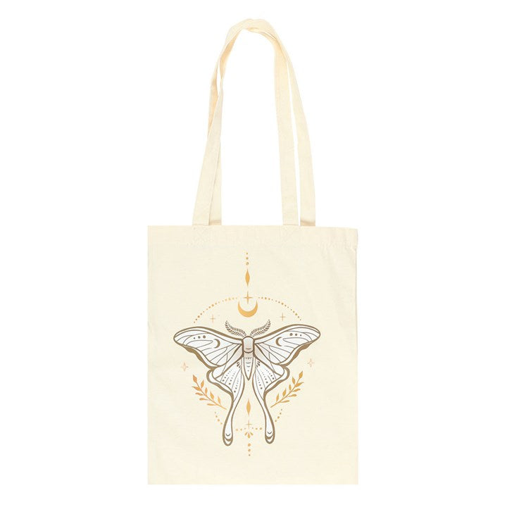 Beige tote bag with butterfly design on a white background