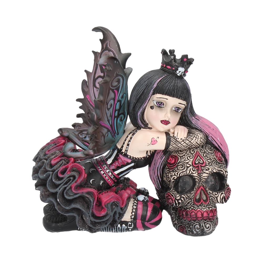 Created by Nemesis Now, this dark Fantasy figurine, Lolita, is part of the Gothic Little Shadows range. Wearing a crown bearing a skull, Lolita stares at you longingly, her red-pink-and-blue tinged wings casually open behind her. She kneels to the side, her red and black skirt flaring up behind her, as she leans on a large skull.