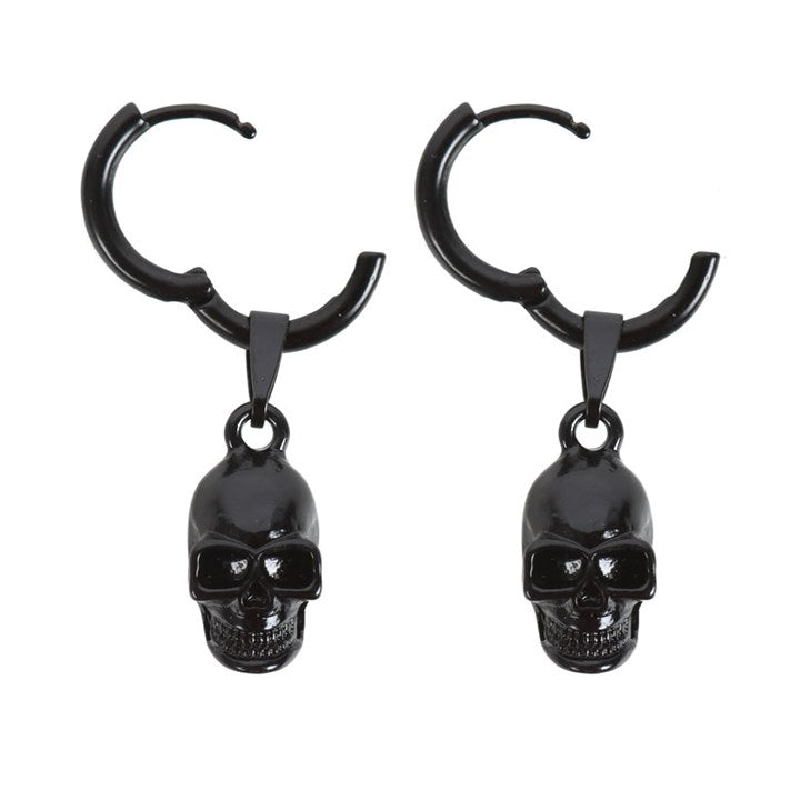 Discover a blend of gothic charm and modern style with these Black Stainless Steel Earrings, featuring distinctive skull charms hanging from elegant loops. The design combines the edgy appeal of the skulls with the sleekness of black stainless steel, creating a striking accessory perfect for those who love to make a statement.
