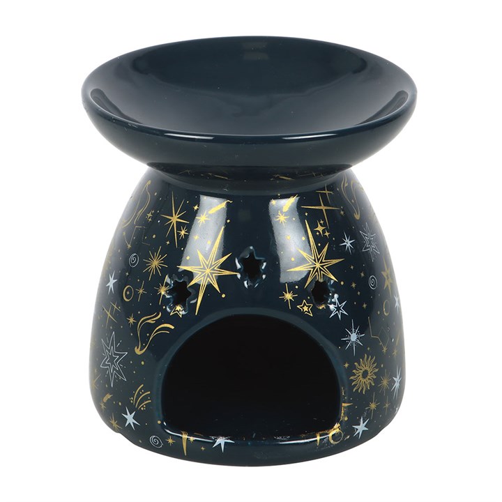 Awaken your sacred space with the celestial energy of this stunning ceramic oil burner and wax warmer. Crafted to embody the mystery of a starry night, it invites cosmic calm and spiritual balance into your home. As the gentle glow of a tealight flickers beneath, the star-patterned design casts enchanting shadows, creating an atmosphere ripe for meditation, ritual, or peaceful relaxation. Use it to melt your favorite wax melts or diffuse diluted fragrance oils, filling your sanctuary with uplifting, healing