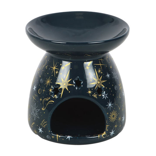 Awaken your sacred space with the celestial energy of this stunning ceramic oil burner and wax warmer. Crafted to embody the mystery of a starry night, it invites cosmic calm and spiritual balance into your home. As the gentle glow of a tealight flickers beneath, the star-patterned design casts enchanting shadows, creating an atmosphere ripe for meditation, ritual, or peaceful relaxation. Use it to melt your favorite wax melts or diffuse diluted fragrance oils, filling your sanctuary with uplifting, healing