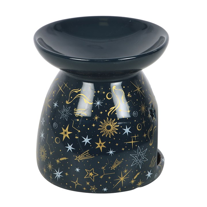Awaken your sacred space with the celestial energy of this stunning ceramic oil burner and wax warmer. Crafted to embody the mystery of a starry night, it invites cosmic calm and spiritual balance into your home. As the gentle glow of a tealight flickers beneath, the star-patterned design casts enchanting shadows, creating an atmosphere ripe for meditation, ritual, or peaceful relaxation. Use it to melt your favorite wax melts or diffuse diluted fragrance oils, filling your sanctuary with uplifting, healing